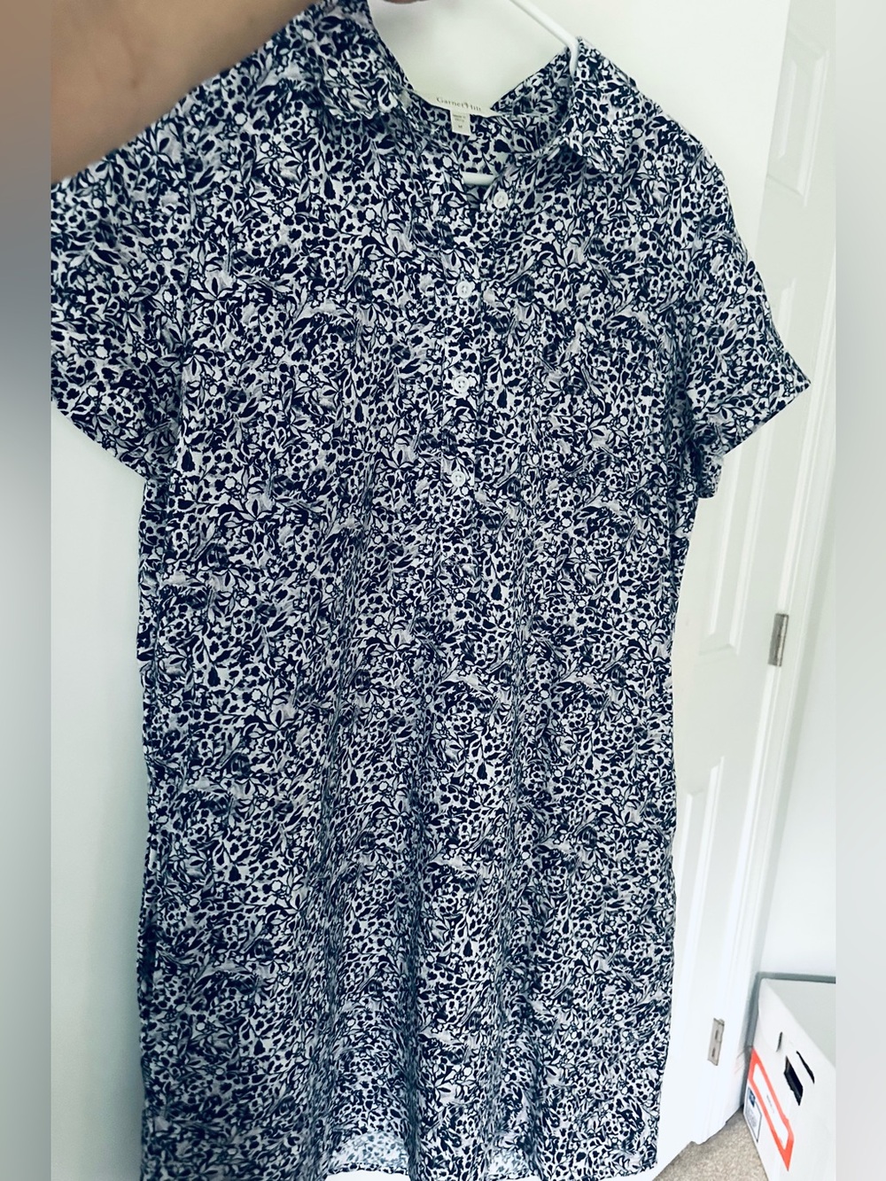 Garnet Hill Linen Relaxed Popover Shirt Dress Floral Blue Medium Like New - Picture 2 of 5